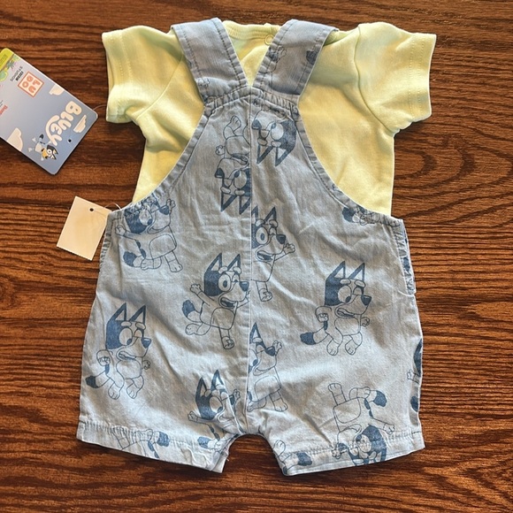 NWT Bluey Baby newborn chambray short Overalls Shirt Set blue green cotton NB - Picture 6 of 9